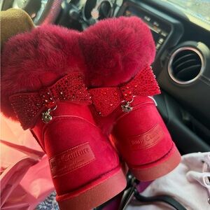 Juicy Couture Vibrant Red Fur Boots with Rhinestone Bow